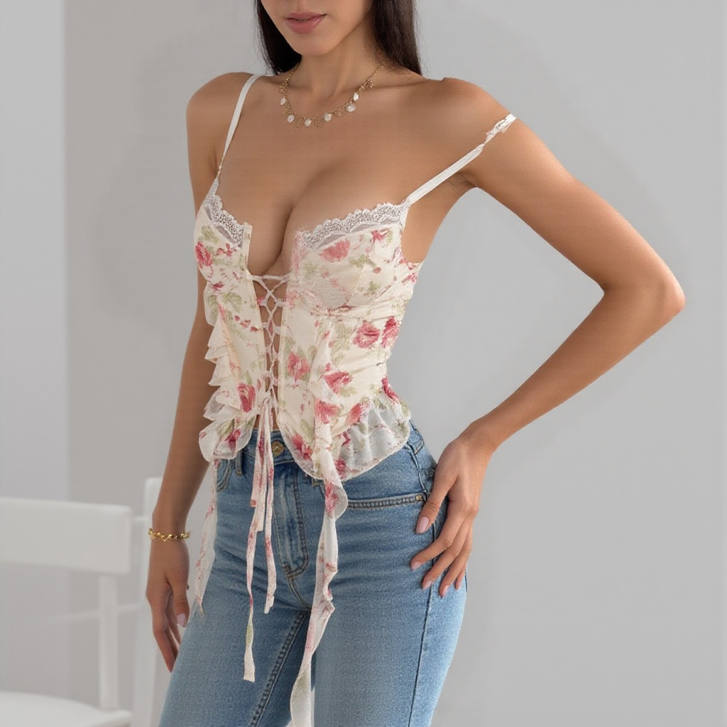 HKRXEC Floral Lace Corset Bustier Top in Cream