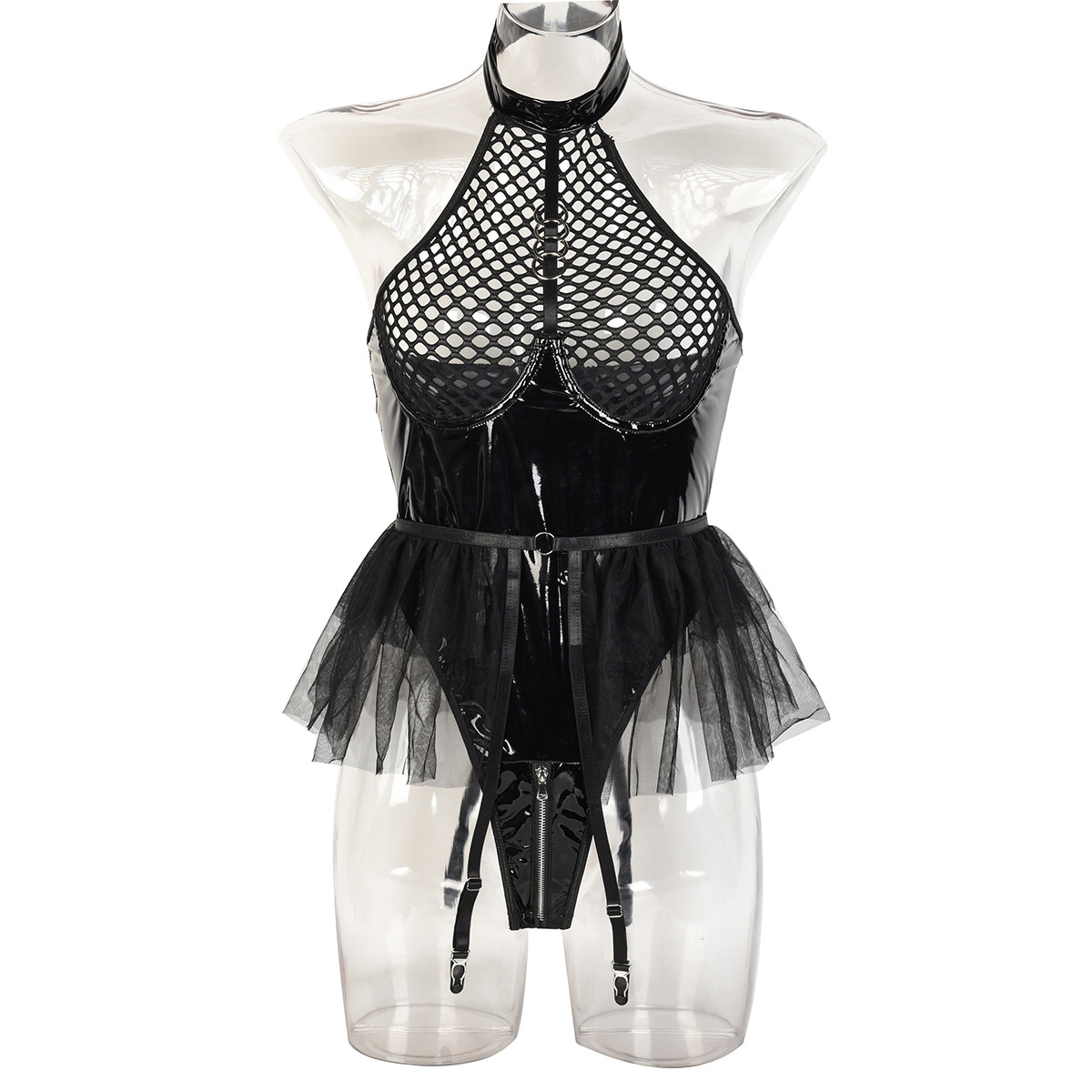 HKRXEC High-Neck Mesh Garter Bodysuit in Black