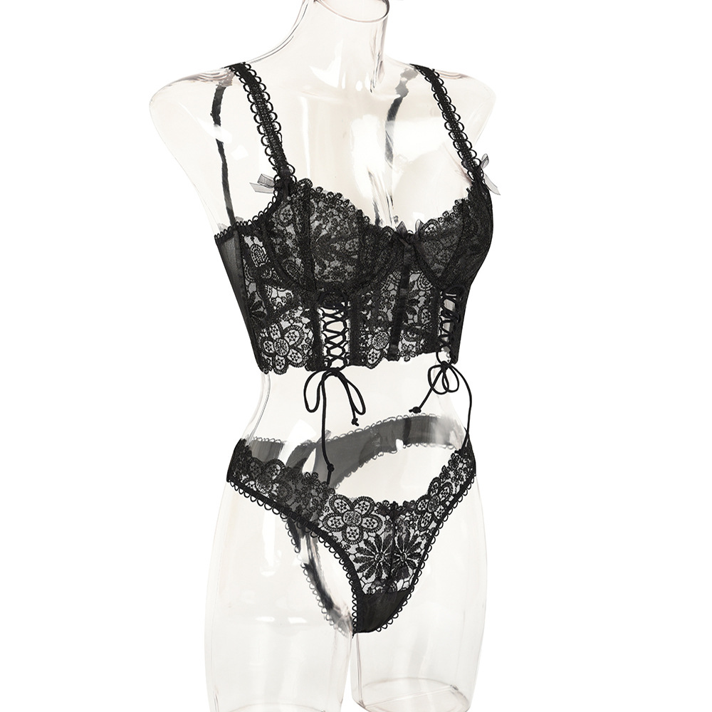 HKRXEC Black Lace Corset Garter Lingerie Set