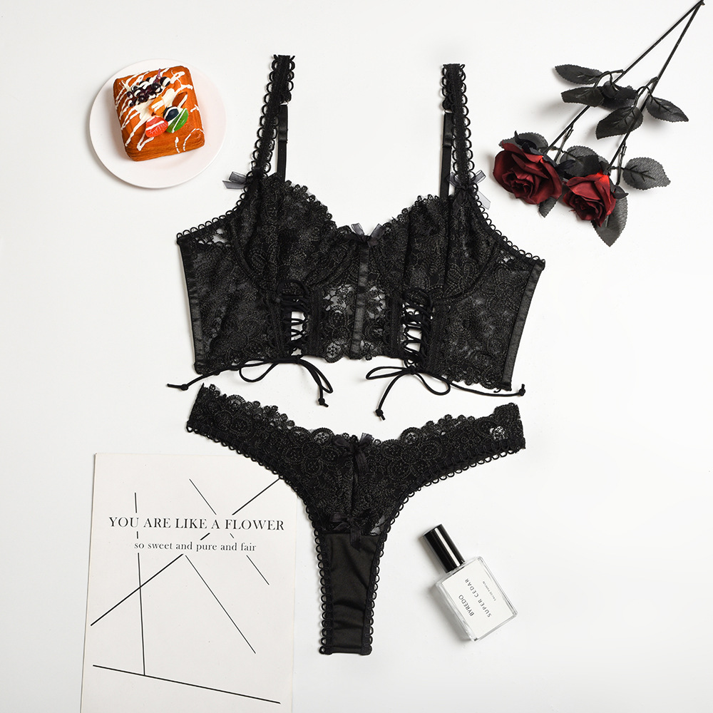 HKRXEC Black Lace Corset Garter Lingerie Set