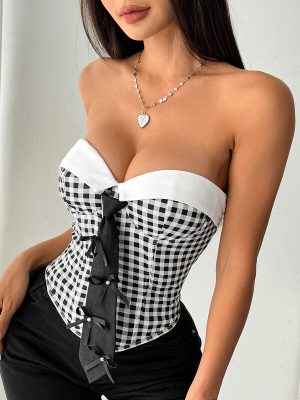 Strapless Corset Bustier Top with Check Pattern
