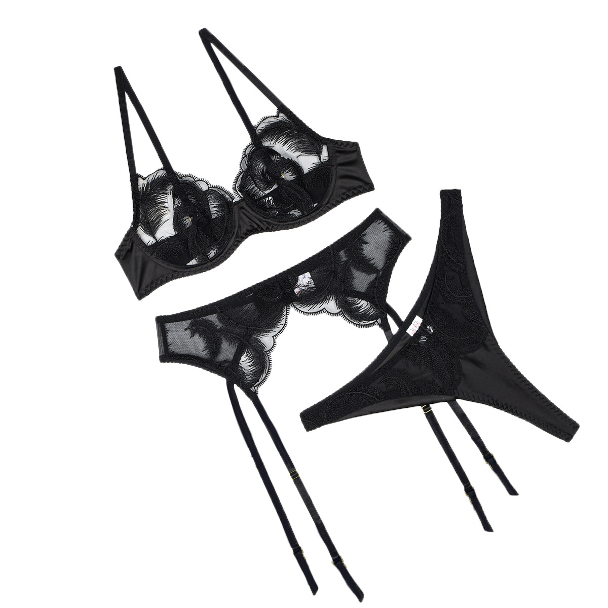 HKRXEC Strappy Cutout Garter Lingerie Set in Black