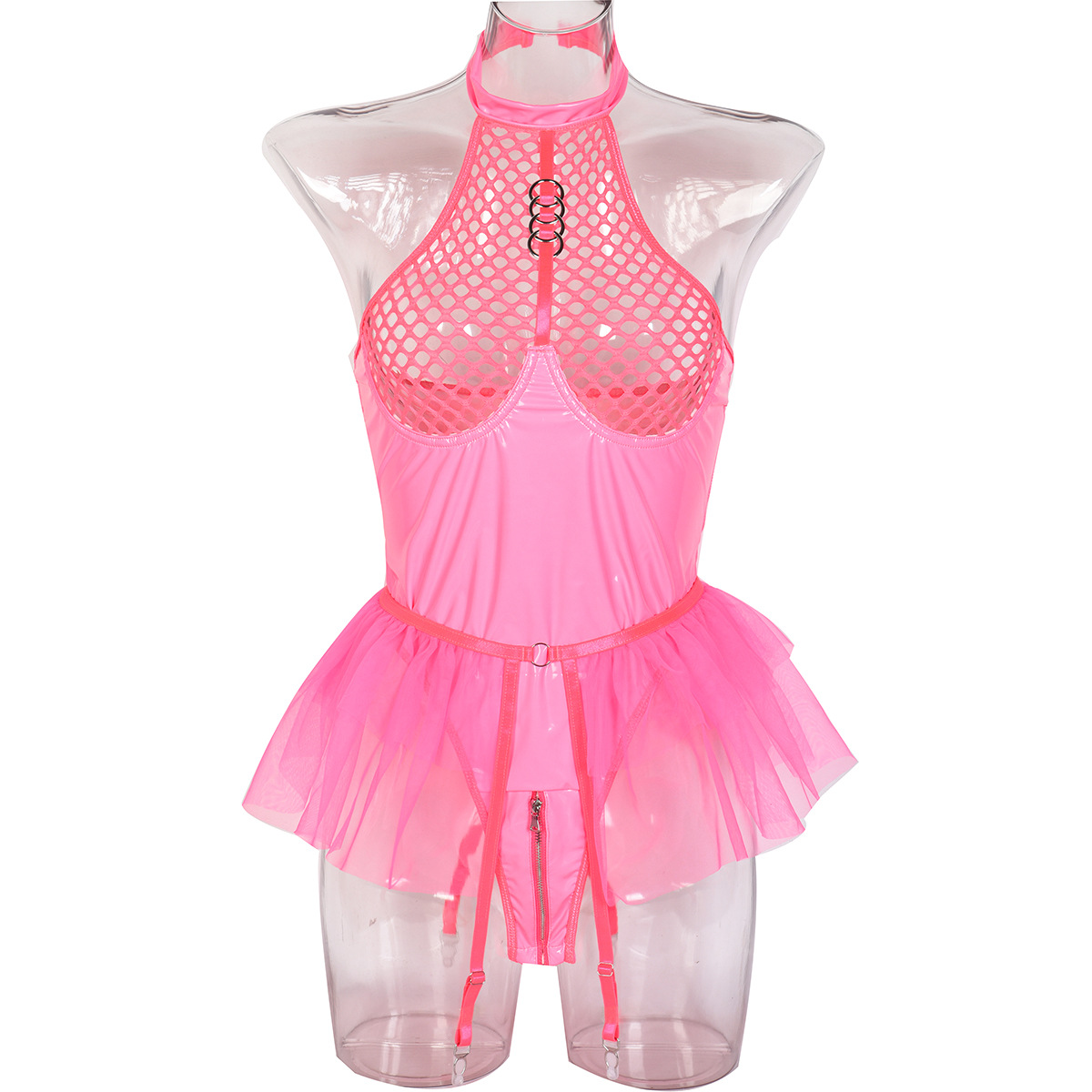 HKRXEC High-Neck Mesh Garter Bodysuit in Black