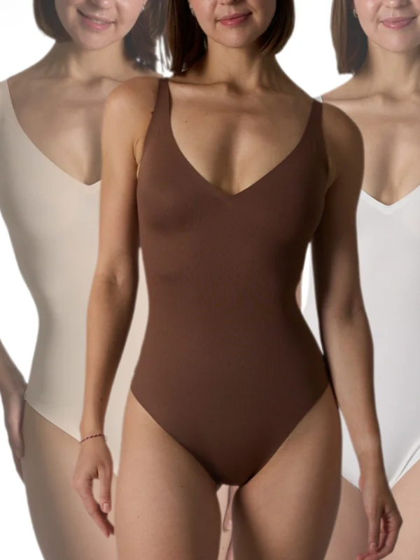 Seamless V-Neck Shaping Bodysuit Brief in Brown