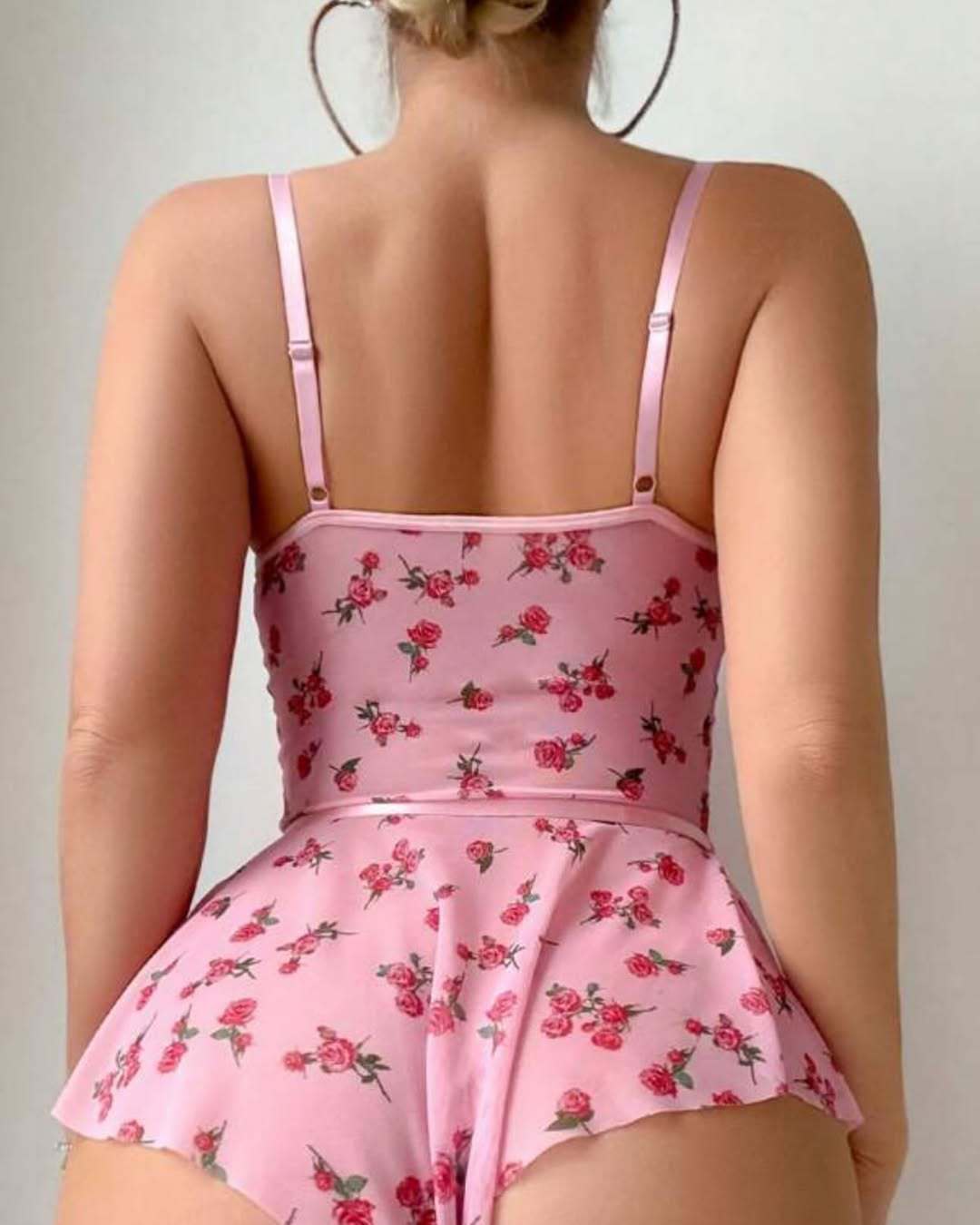 HKRXEC Pink Floral Corset Garter Lingerie Dress