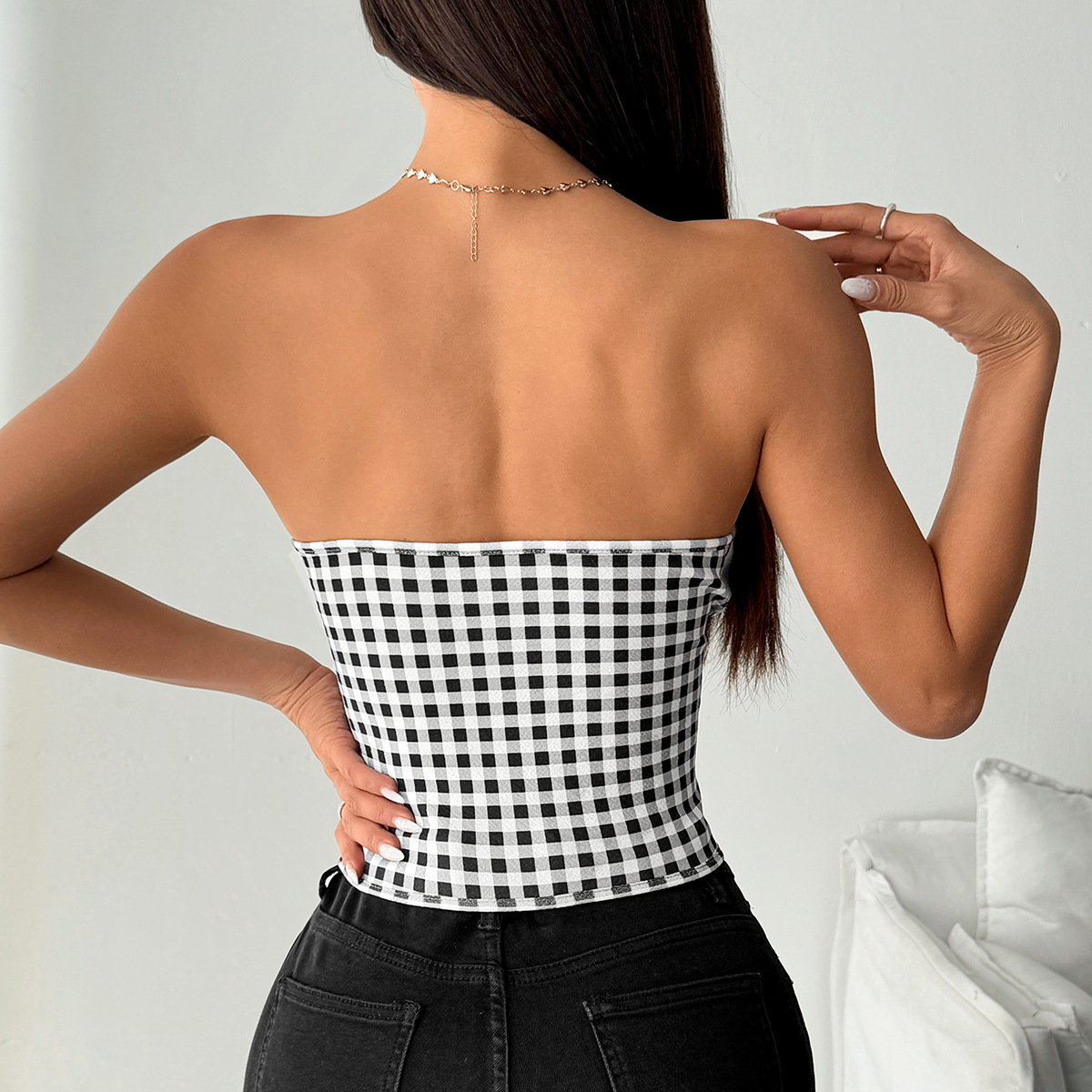 HKRXEC Strapless Corset Bustier Top with Check Pattern