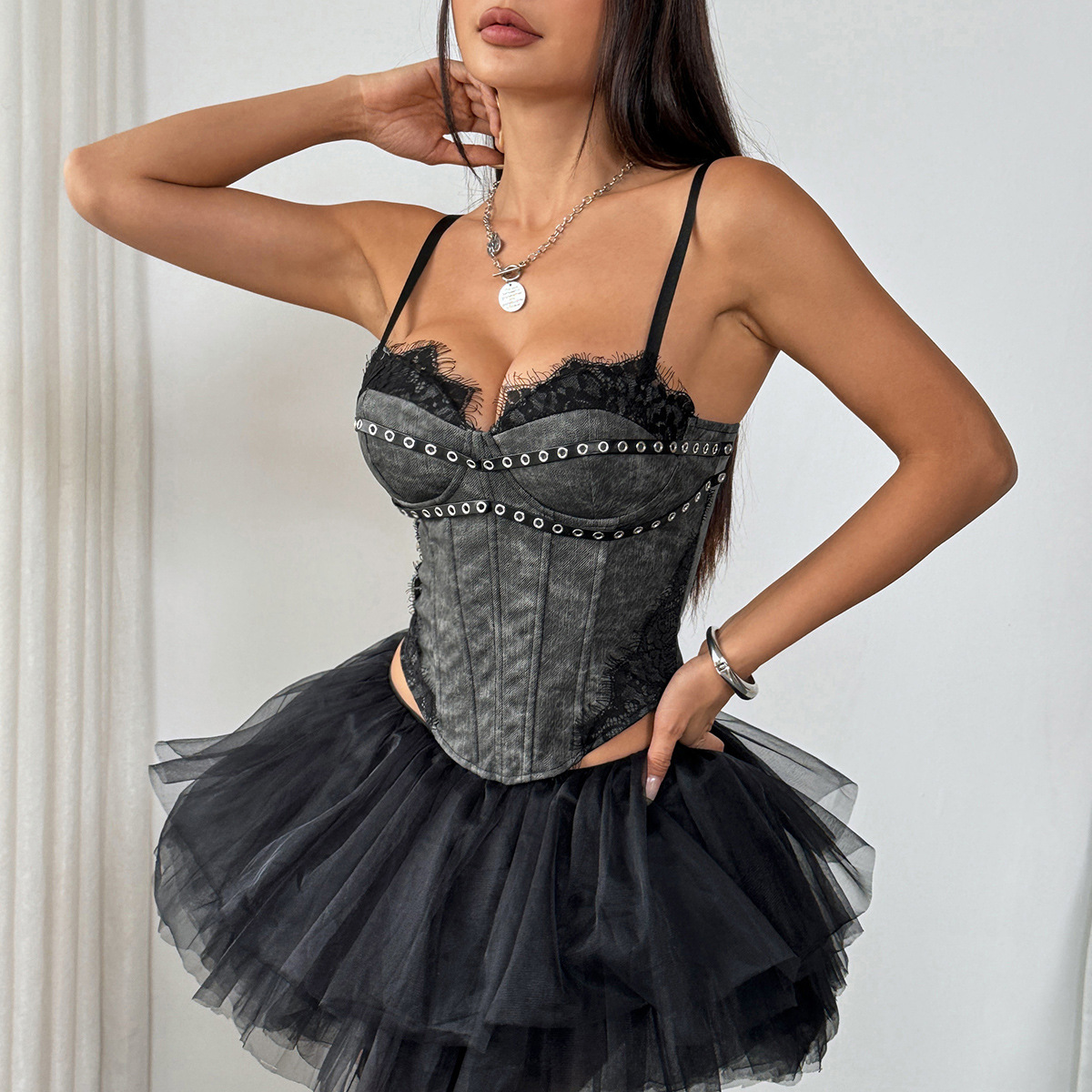 HKRXEC Strapless Corset Tulle Mini Dress in Black