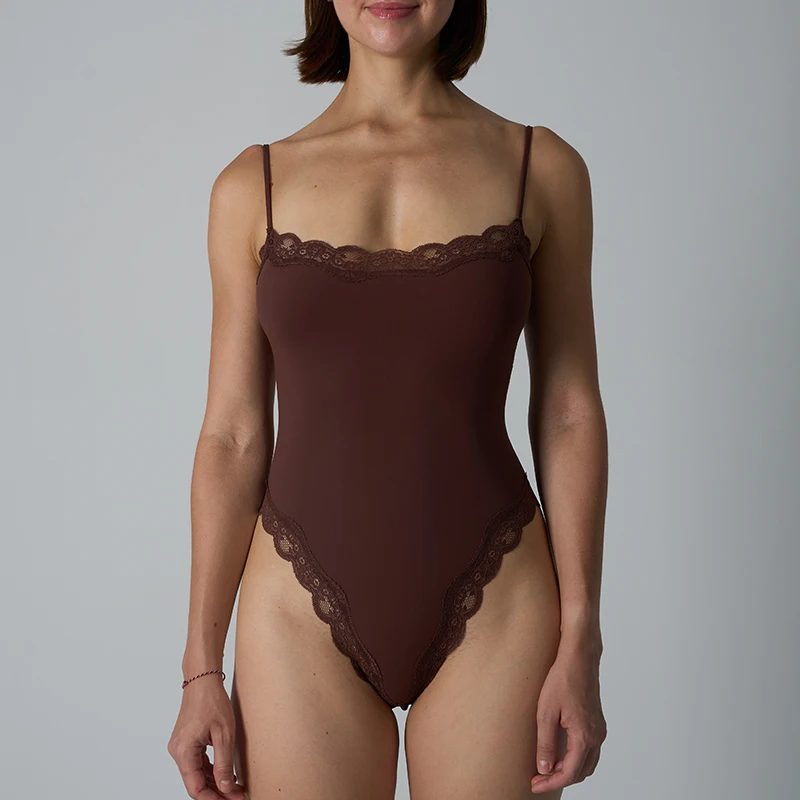 HKRXEC Lace-Trim V-Neck Shaping Bodysuit Brief in Nude