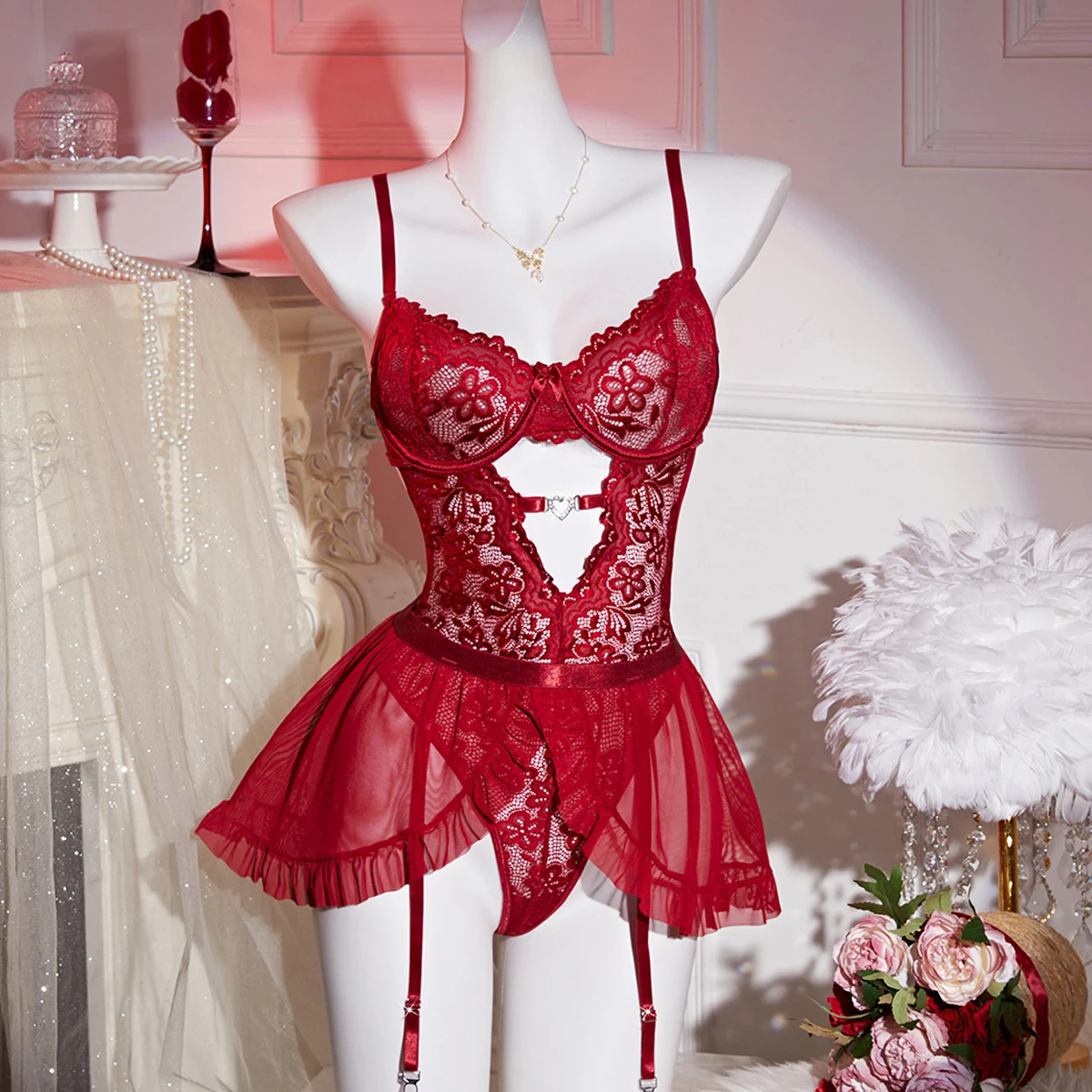HKRXEC Red Lace Corset Garter Lingerie Set
