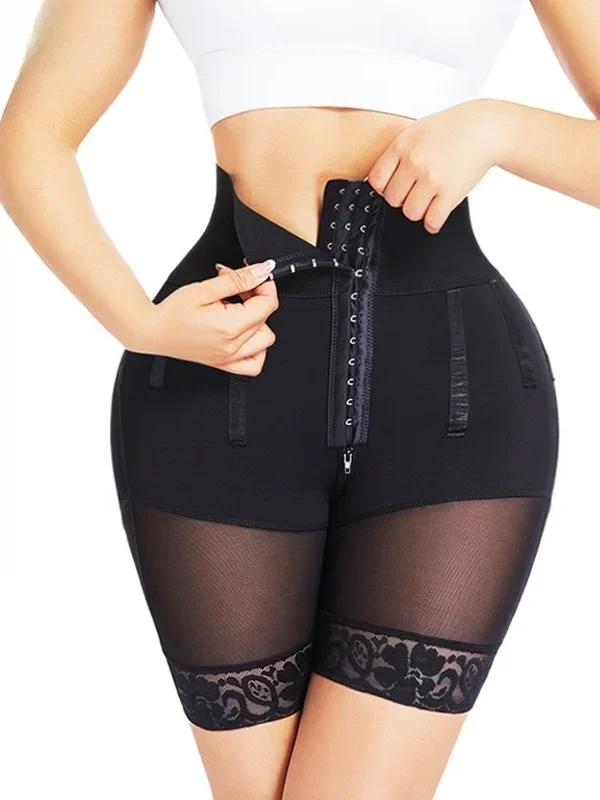High-Waist Zip-Front Mesh Panel Shaping Shorts