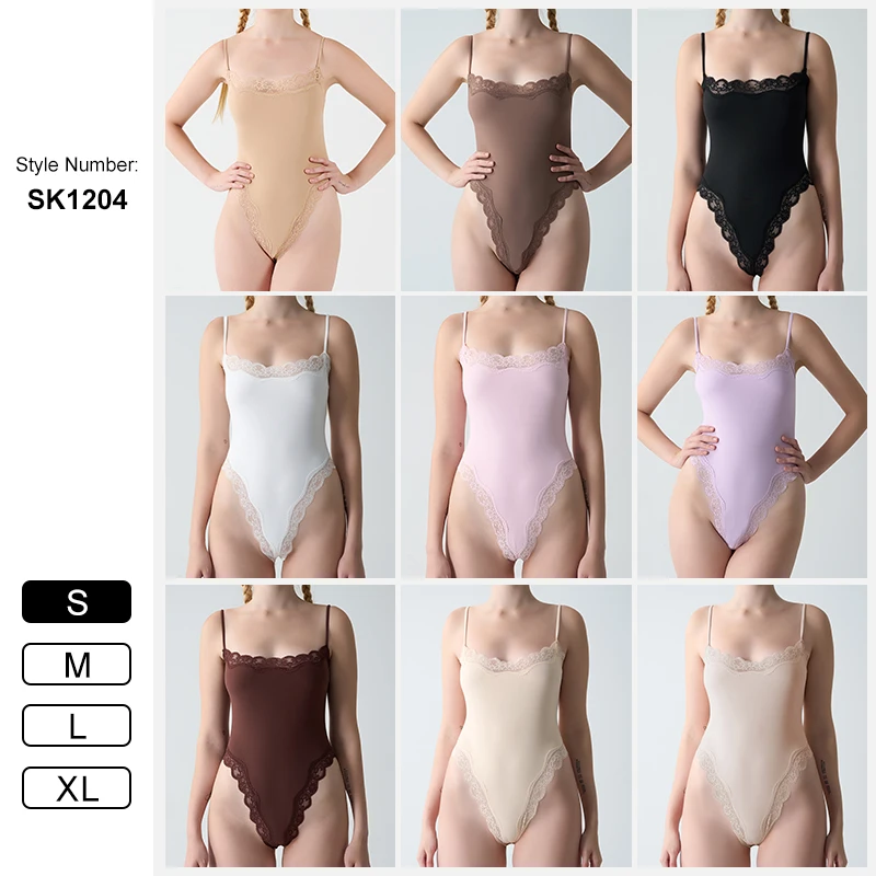 HKRXEC Lace-Trim V-Neck Shaping Bodysuit Brief in Nude