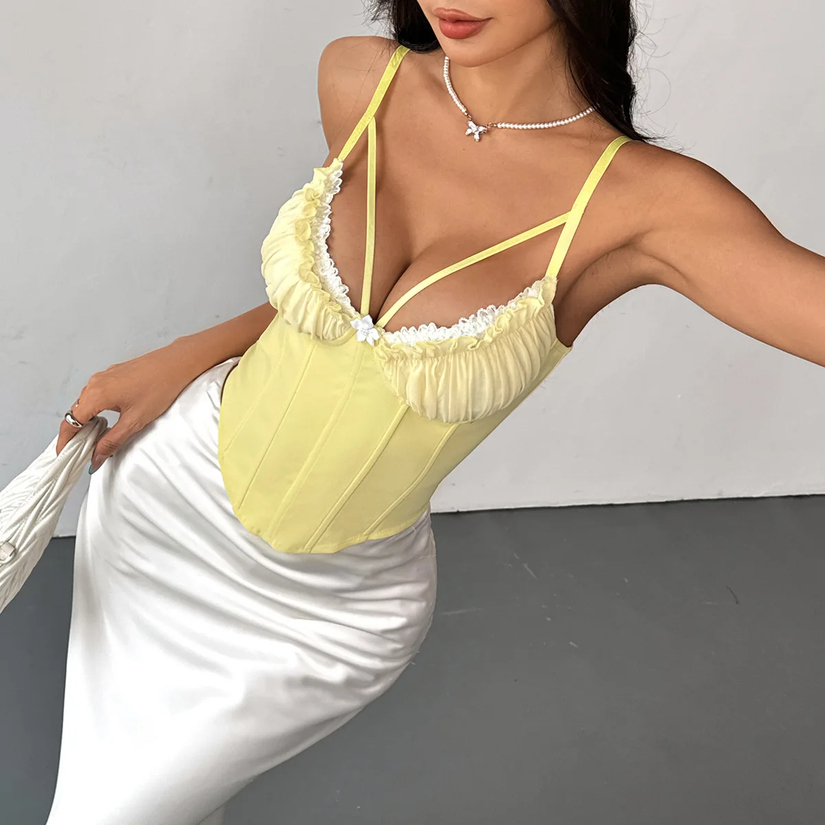 HKRXEC Lace-Trim Satin Corset Cami Top in Blue