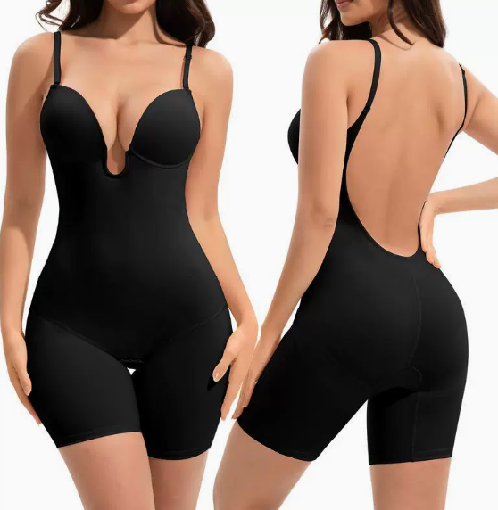 HKRXEC Mid-Thigh Shaping Bodysuit with Built-In Bra