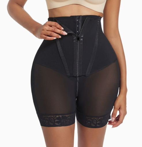 HKRXEC High-Waist Zip-Front Lace-Trim Shaping Shorts