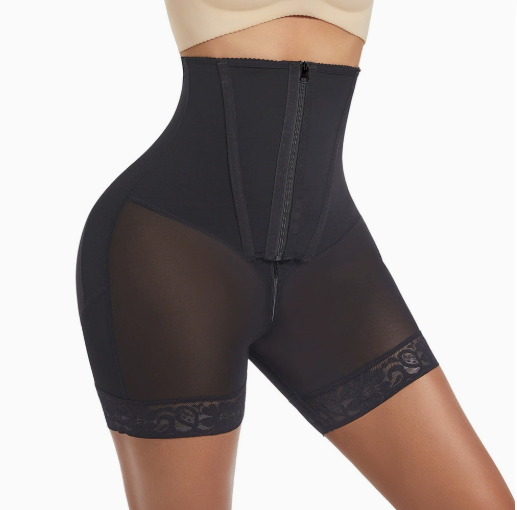 HKRXEC High-Waist Zip-Front Lace-Trim Shaping Shorts