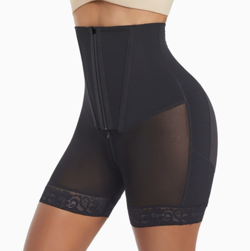 HKRXEC High-Waist Zip-Front Lace-Trim Shaping Shorts