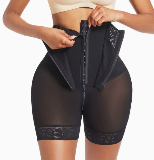 HKRXEC High-Waist Zip-Front Lace-Trim Shaping Shorts