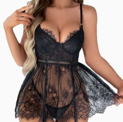 HKRXEC Sheer Lace Babydoll Lingerie Dress in Black