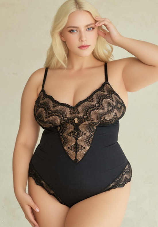 HKRXEC Lace Panel Shaping Bodysuit in Black