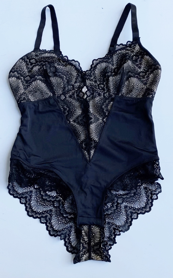 HKRXEC Lace Panel Shaping Bodysuit in Black